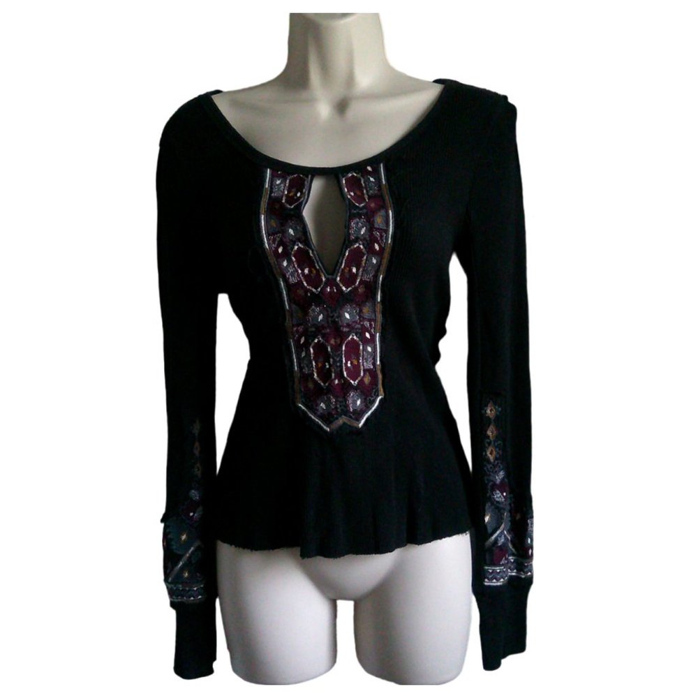 Free People Women's X Marion Black Embroidered Thermal Long Sleeve Top